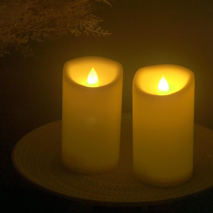 Waterproof Outdoor Battery Operated Flameless Pillar Candles with Timer White Plastic Realistic Flickering Fake Electric LED Lights for Lantern Garden Wedding Christmas Decorations 3”x5” 2 PCS-VerdiqueGarden