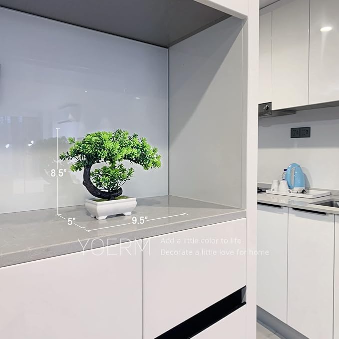 Small Artificial Plants Greenery Desktop Bonsai - Green Plastic Fake Plants for Home Decor, Indoor Bookshelf, Office Desk and Bathroom Room Decor, Tall 8.5"-VerdiqueGarden