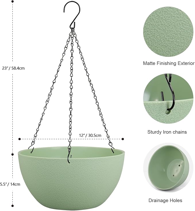 12 inch Large Hanging Planters Plant Pots for Indoor Outdoor Plants, 2 Pack Hanging Flower Pots with Drainage Holes and Chain for Garden Porch, Plastic Hanging Baskets for House Plants, Green-VerdiqueGarden