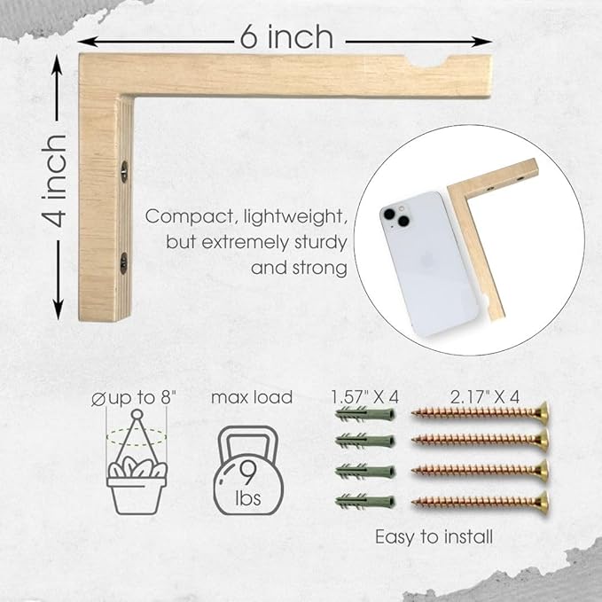 2-Piece Set of Plant Hooks for Wall 6 Inch - L-Shaped Mounted Wooden Plant Hook - Indoor and Outdoor Bracket Plant Hanger for Planters, Lanterns, Bird Feeders and Plant Basket (Natural)-VerdiqueGarden