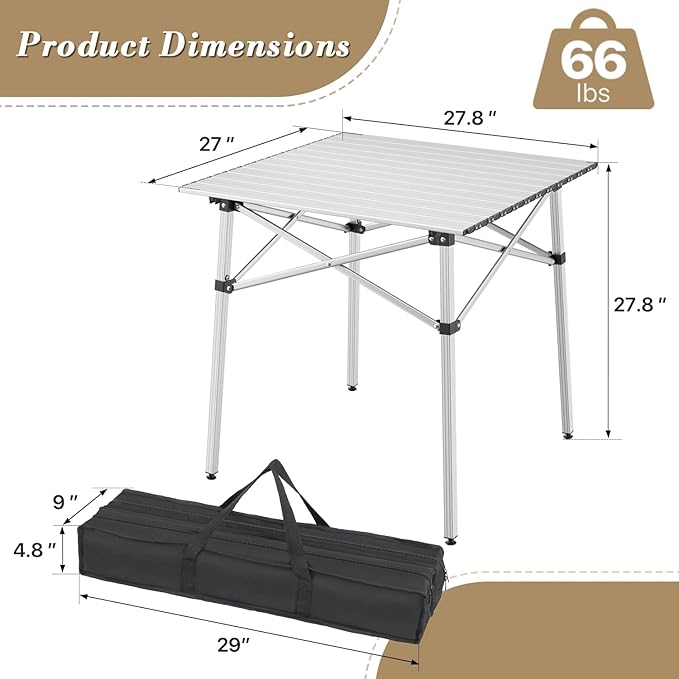 Athena Collection Foldable Camping Table, 28" Small Aluminum Outdoor Folding Camp Table with Roll Up Tabletop and Carry Bag, Lightweight and Portable for Outdoor Camping Picnic Grilling, Silver-VerdiqueGarden