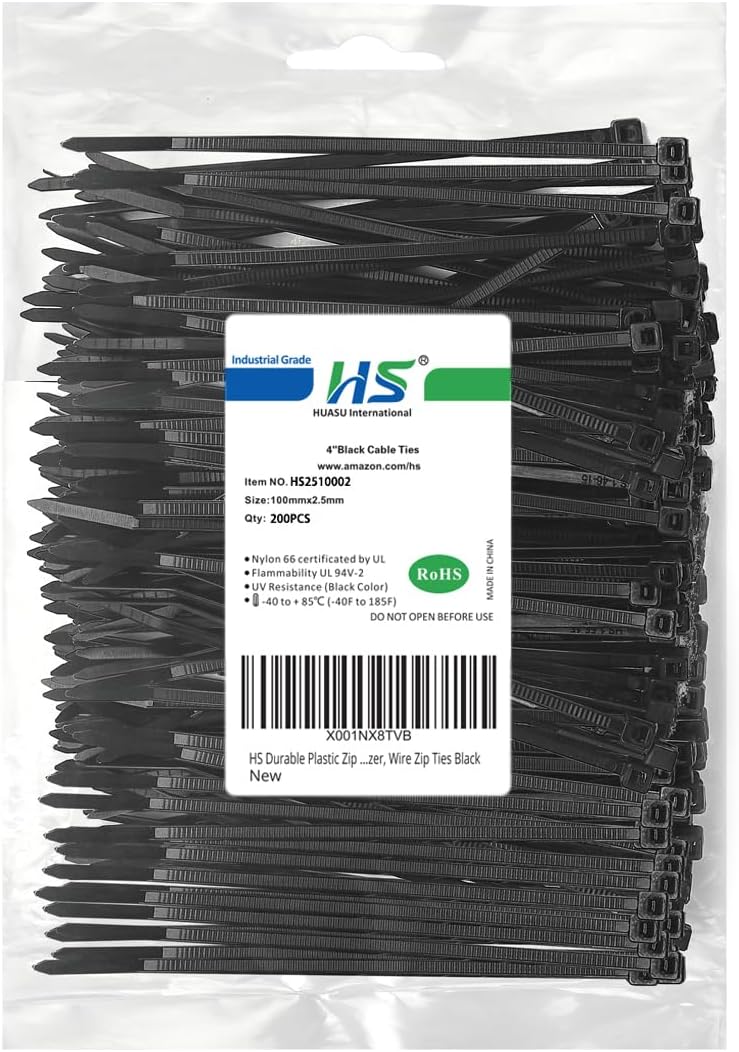 HS Durable Plastic Zip Ties 4 Inch 200 Pack Small Tie Wraps Thin 18 Lbs Self-Locking Nylon Cable Ties for Electronics Organizer, Tiny Wire Tie Black-VerdiqueGarden