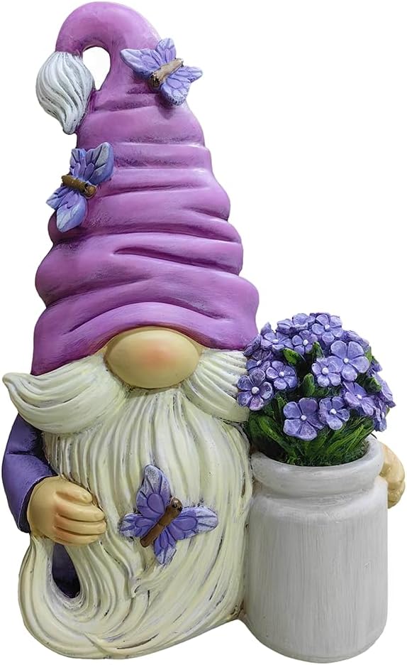 Garden Grace Lavender Gnome Figurine, 10" Purple Home Decor Statue with Butterflies and Flowers-VerdiqueGarden