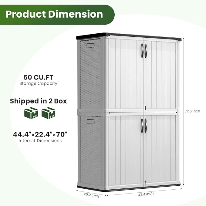 Greesum Outdoor Storage Cabinet Without Shelves, 45 cu.ft Outdoor Waterproof Storage Shed for Garden Tools, Pool Storage, Garbage Cans, White-VerdiqueGarden