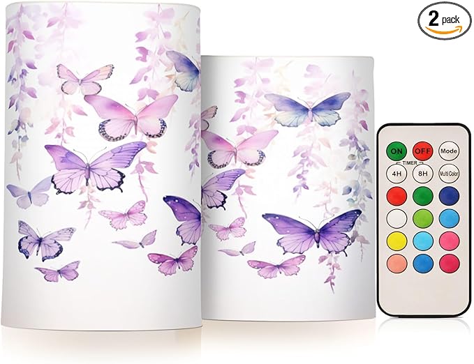 Flickering Flameless Candles, Butterflies Purple LED Candles with Remote Timer, Set of 2 Battery Operated Candle for Valentine Wedding Birthday-VerdiqueGarden