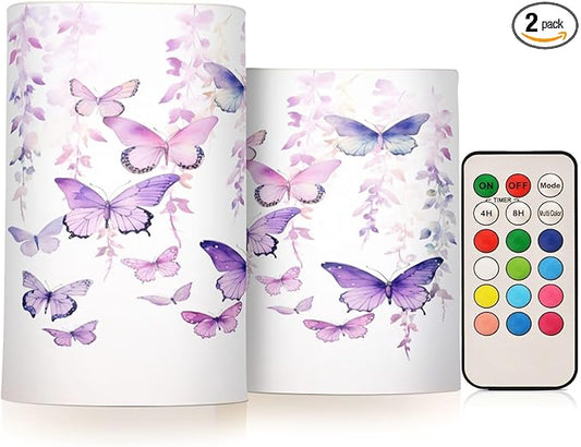 Flickering Flameless Candles, Butterflies Purple LED Candles with Remote Timer, Set of 2 Battery Operated Candle for Valentine Wedding Birthday-VerdiqueGarden