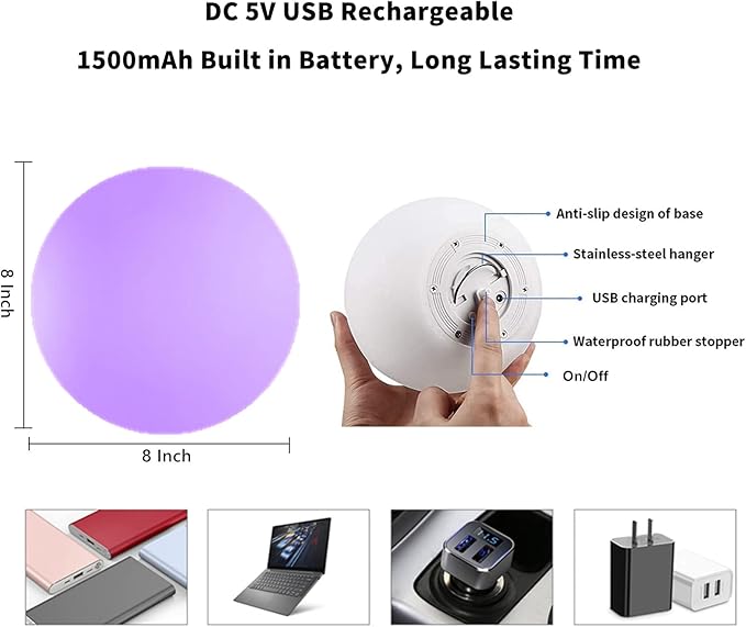 8-Inch LED Ball Light, Multi-Color Rechargeable Night Lights Waterproof Dimmable Mood Lamp with Remote for Home Garden Patio Party Bar Decors-VerdiqueGarden