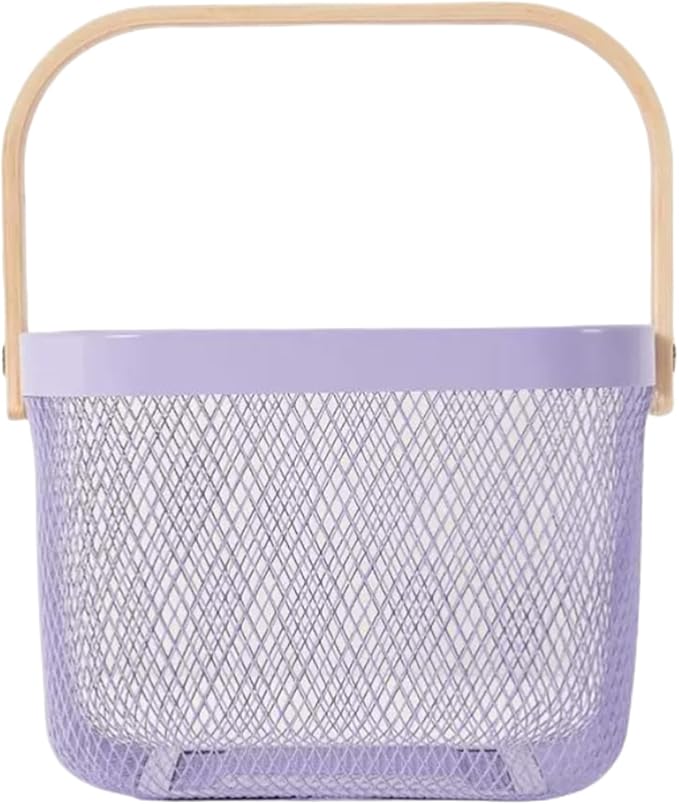 Metal Mesh Steel Basket, Storage Organizer Basket Multi-functional Hanging Kitchen Baskets Fruit Basket Bin with Bamboo Handle for Kitchen Bathroom Picnic Shopping Decor Cabinet Home, Purple-VerdiqueGarden