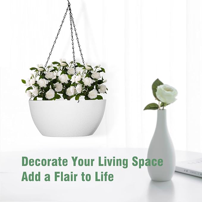 10 inch Hanging Planters for Outdoor Indoor Plants with Drainage Holes and Chain, 2 Pack Round Hanging Flower Plant Pots for Garden Home Porch Decor, White-VerdiqueGarden