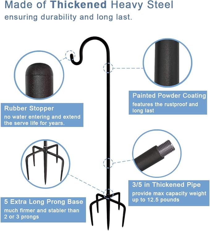 108 inch Outdoor Shepherd Hook with 5 Prong Base (2 Packs), Adjustable Heavy Duty Garden Hanging Stake for Bird Feeder Solar Light Plant Hanger Wedding Decor, Matte Black-VerdiqueGarden