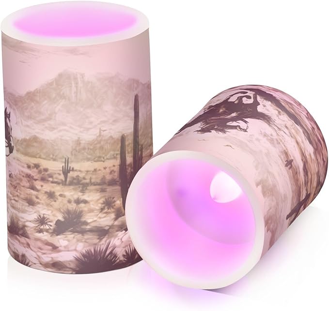Western Desert Cowboy Flameless Candles with Remote Control and Timer, Adjustable Brightness Long Lasting Battery Operated LED Pillar Candles for Indoor Outdoor Party Home Decor, 2 Pack-VerdiqueGarden