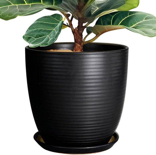 12 Inch Pots for Plants - Ceramic Planter Pot, Large Flower Pot with Drainage Hole and Saucer for Home Patio Garden Office Indoor Outdoor, Black-VerdiqueGarden