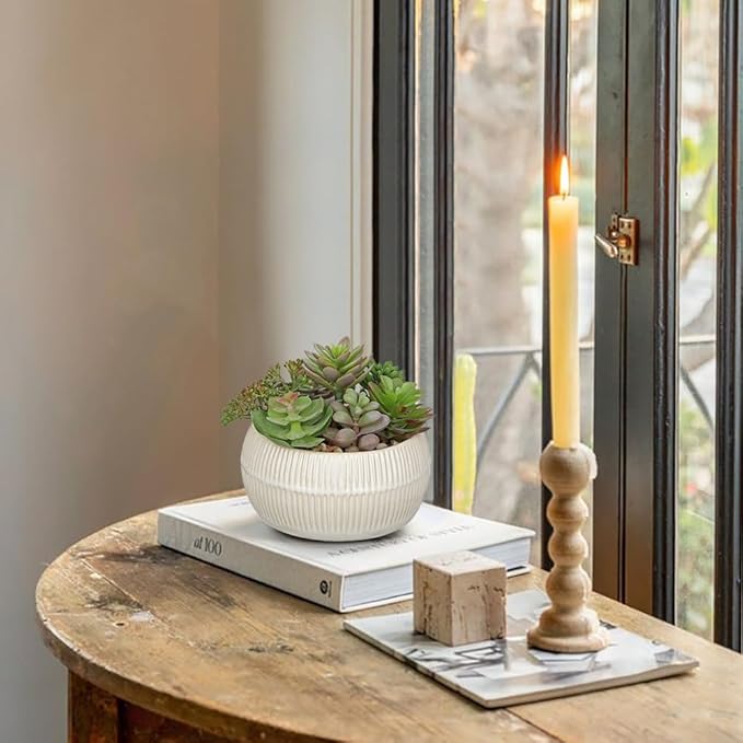 DILATATA Artificial Succulent Plants in Pot 5.5 Inch Fake Succulents Arrangement Potted Plant in White Ceramic Planter Bowl for Home Office Desk Shelf Living Room Bedroom Bathroom Decor-VerdiqueGarden