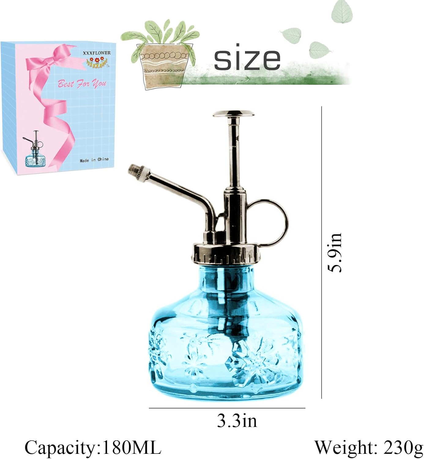 XXXFLOWER Glass Plant Mister Spray Bottle for Indoor Plant Spritzer Succulent Watering Bottle Tall Vintage Style with Bronze Plastic Top Pump-VerdiqueGarden