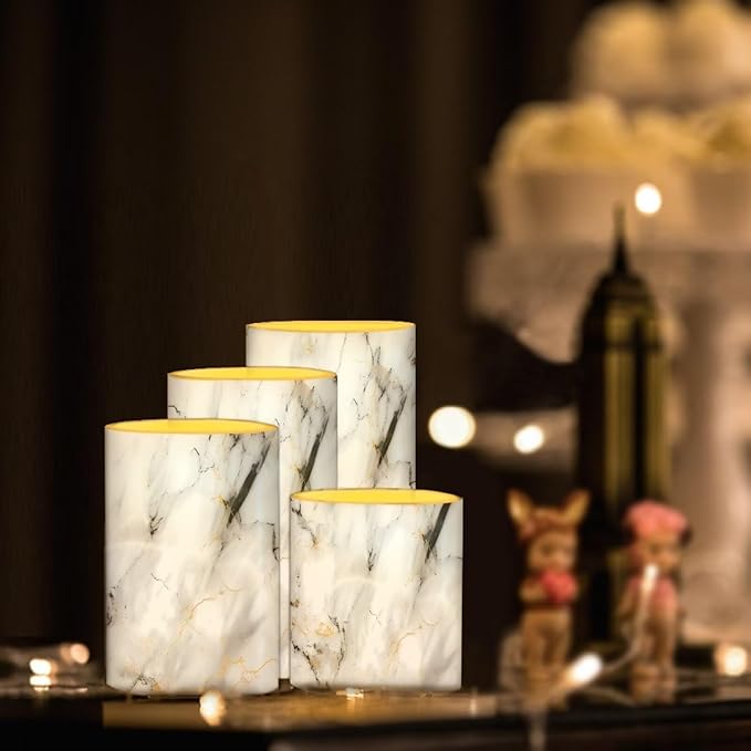 Flameless LED Battery Candles 4 PCS Pillar Candles with 18-Key Timer Remote Control Colorful Lights for Table Centerpiece Home Indoor Wedding Decoration, White Grey Marble-VerdiqueGarden