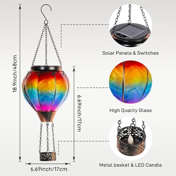 Starsoul Hot Air Balloon Solar Lantern with Candle Holder Solar Hot Air Balloon Flickering Flame Hanging Garden Light Waterproof Glass Hot Air Balloon Solar Lamp Decorative for Lawn Porch Tree Yard-VerdiqueGarden