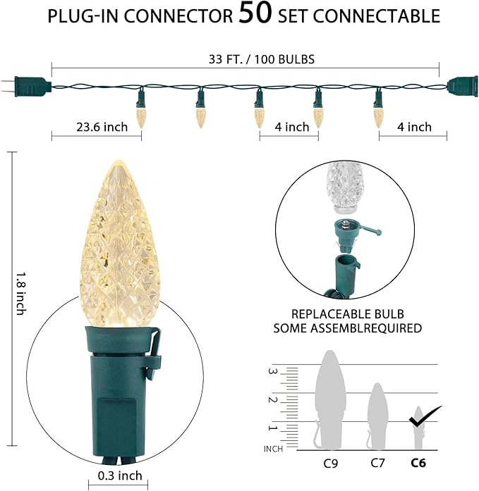 C6 LED Christmas String Lights, 33 Feet 100 LED Strawberry Lights Plug in, Waterproof Twinkle Fairy String Lights for Indoor Outdoor Holiday Garden Yard Party Tree Decoration (Warm White)-VerdiqueGarden