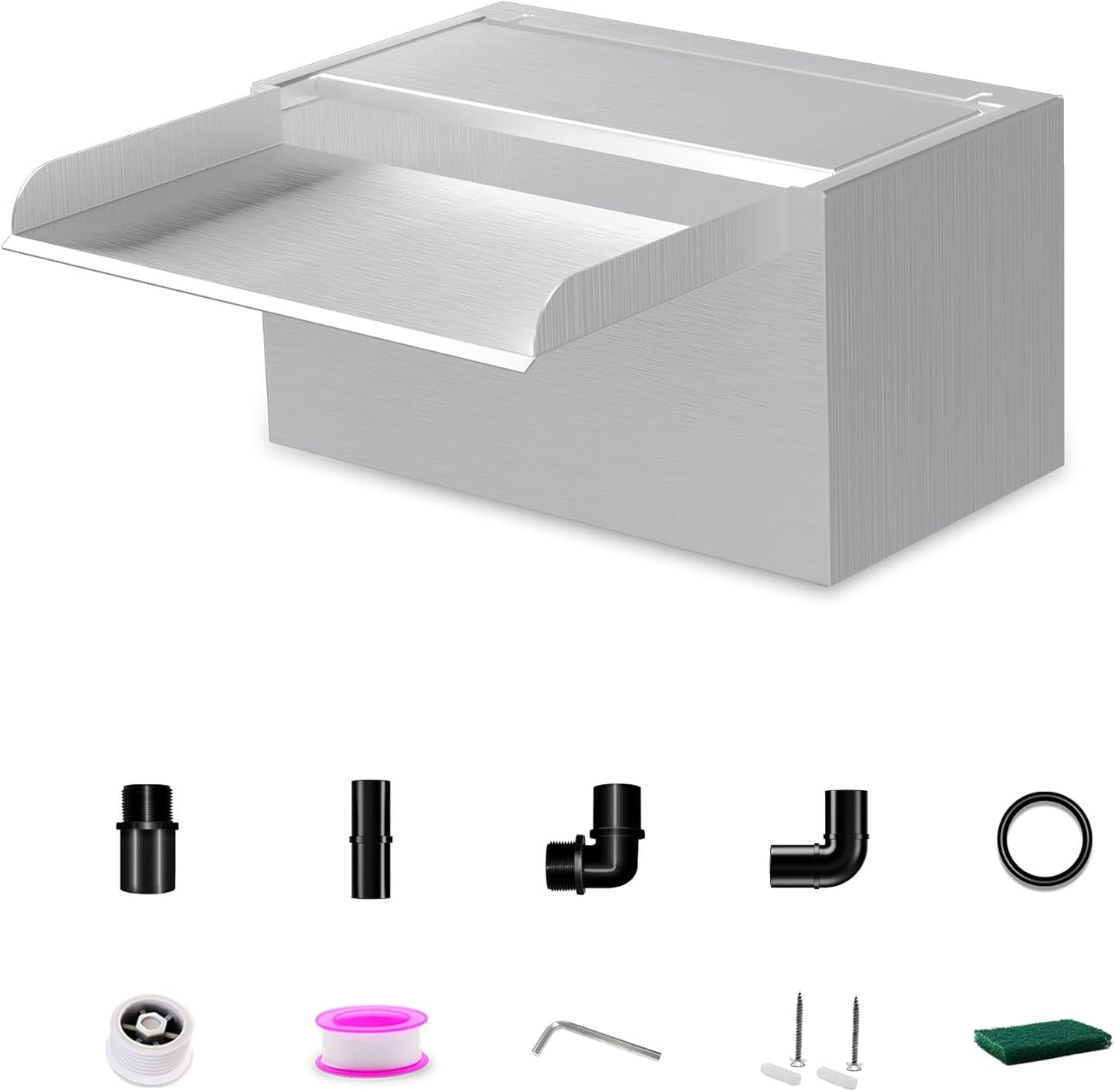 Waterfall Pool Fountain LONGRUNNEW 304 Stainless Steel 9.06" Rectangular Waterfall Spillway, Water Fall Fountain with Pipe Connector for Garden Outdoor, Swimming Pools, Fountains, Pond and Spa-VerdiqueGarden