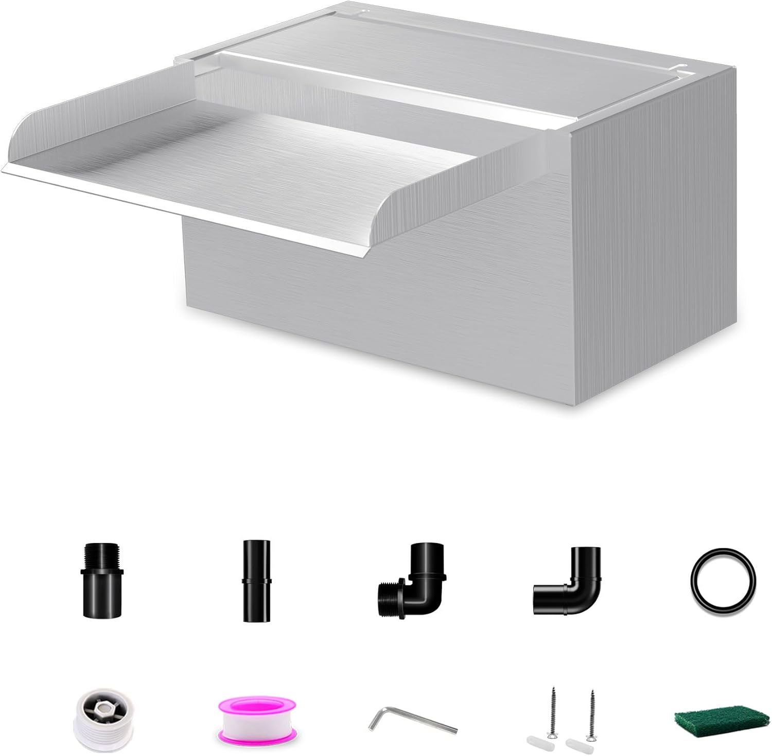 Waterfall Pool Fountain LONGRUNNEW 304 Stainless Steel 9.06" Rectangular Waterfall Spillway, Water Fall Fountain with Pipe Connector for Garden Outdoor, Swimming Pools, Fountains, Pond and Spa-VerdiqueGarden