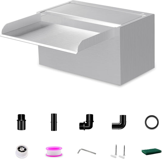 Waterfall Pool Fountain LONGRUNNEW 304 Stainless Steel 9.06" Rectangular Waterfall Spillway, Water Fall Fountain with Pipe Connector for Garden Outdoor, Swimming Pools, Fountains, Pond and Spa-VerdiqueGarden