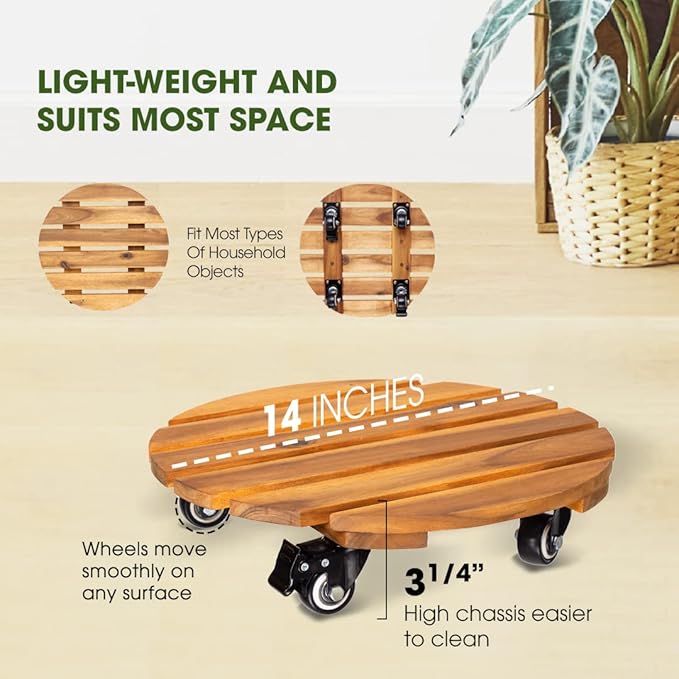 Idzo 2-Pack 14 Inch Acacia Wood Rolling Round Plant Caddy, Plant Caster for Heavy Duty Plant Stand with 360° Lockable Wheels, 264 lbs Capacity Caddy for Indoor and Outdoor Use, Natural Wood-VerdiqueGarden