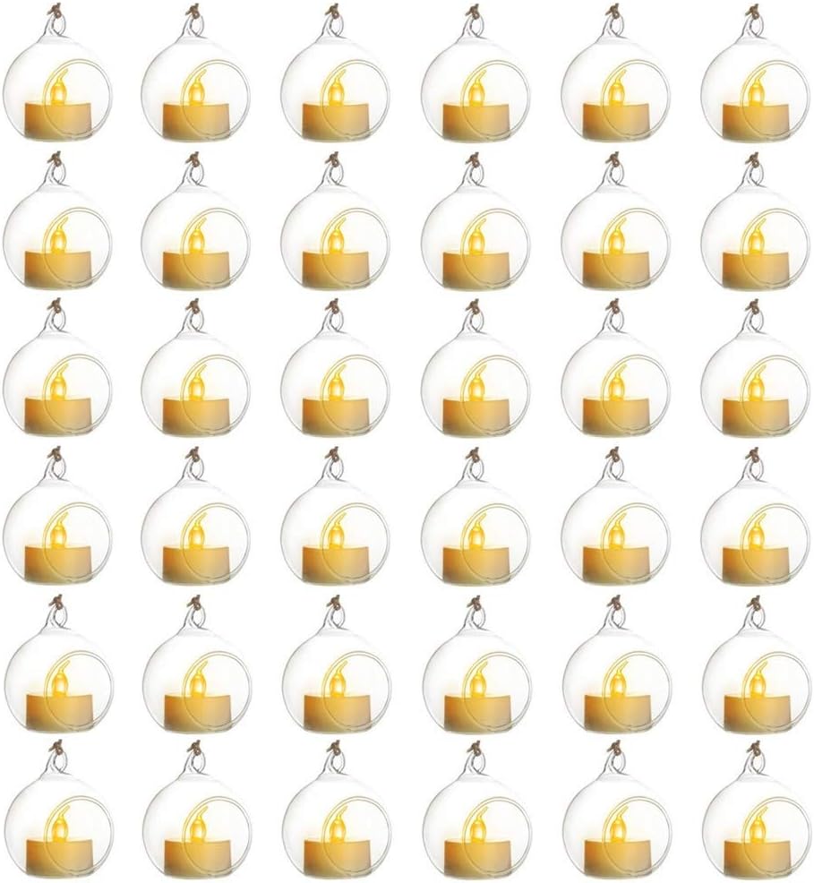 Sziqiqi Hanging Glass Globes Orbs Tea Light Candle Holders with Flameless LED Tealight for Wedding Ornaments, Wedding Birthday Christmas Party Centerpiece Accessory 2.36inch 30pcs +6 Extra-VerdiqueGarden