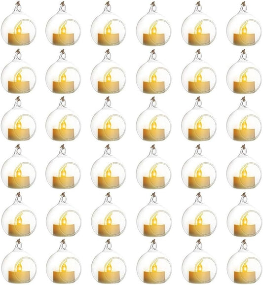 Sziqiqi Hanging Glass Globes Orbs Tea Light Candle Holders with Flameless LED Tealight for Wedding Ornaments, Wedding Birthday Christmas Party Centerpiece Accessory 2.36inch 30pcs +6 Extra-VerdiqueGarden