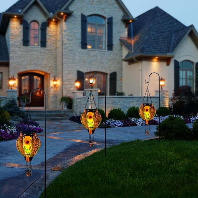 Starsoul Sunflowers Hot Air Balloon Solar Lantern Metal & Glass Solar Hot Air Balloon Hanging Garden Light Waterproof Outdoor Lantern for Patio Yard Party Decorations-VerdiqueGarden