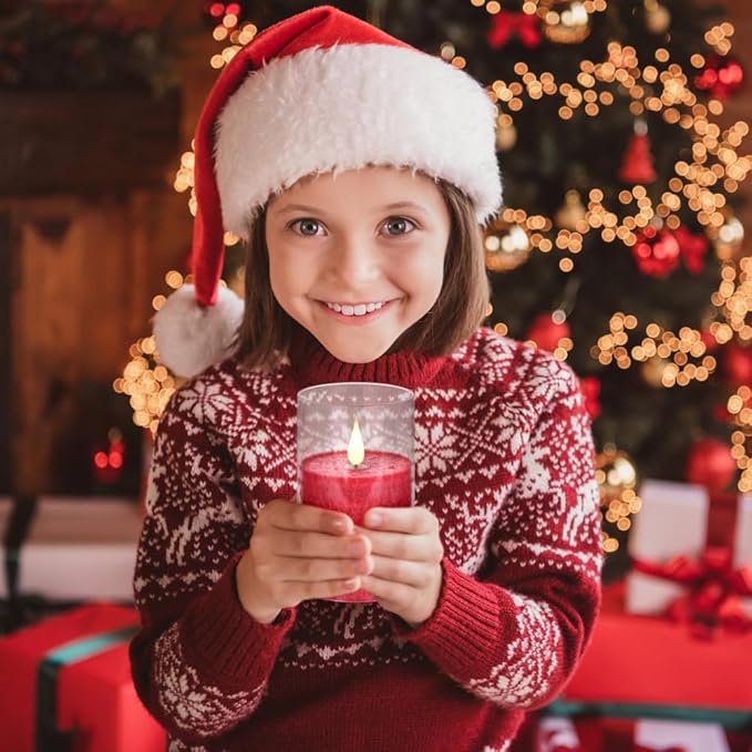 Flameless Flickering Remote Control Candle, Glass Pillar Candle,3 Pack (D:3"×H:4" 5" 6") LED 3D Flame Romantic Candle,Battery Operated Real Wax, Ideal for Wedding, Home Decor Holiday (Red)-VerdiqueGarden