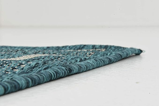 Unique Loom Outdoor Border Collection Area Rug - Soft Border (2'x 6' 1" Runner, Teal/ Ivory)-VerdiqueGarden