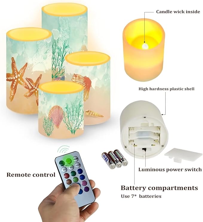 Beach Flameless Candles Battery Powered with Multicolor Timer Remote Control Everlasting Fake Candles for Coastal Marine Garden Indoor Outdoor Decor, Starfish Seashell Coral-VerdiqueGarden