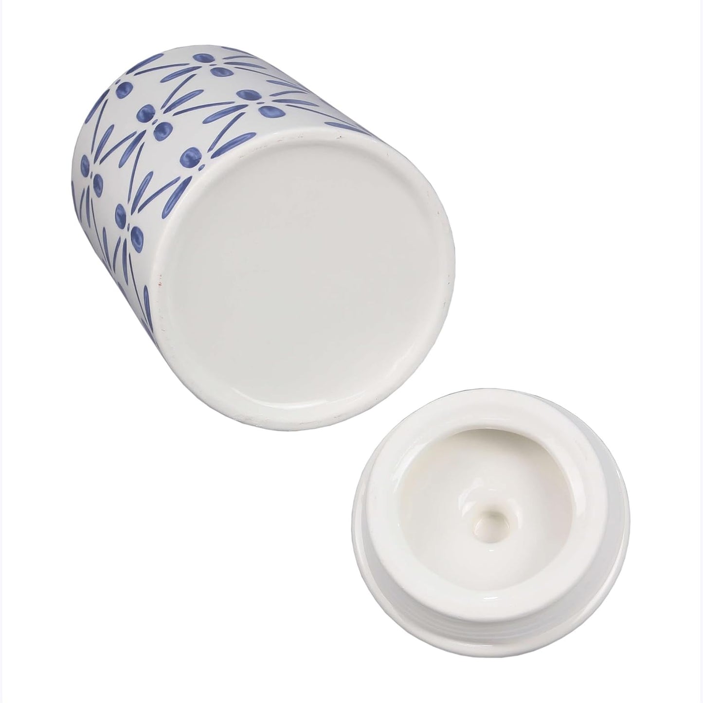 Young's Inc. 4 Pcs Set Cylindrical Ceramic Canisters- Storage Container for Kitchen and Bathroom - Beautiful Home Decor Accent to Store Food, Coffee, Tea, and More - White, Blue-VerdiqueGarden