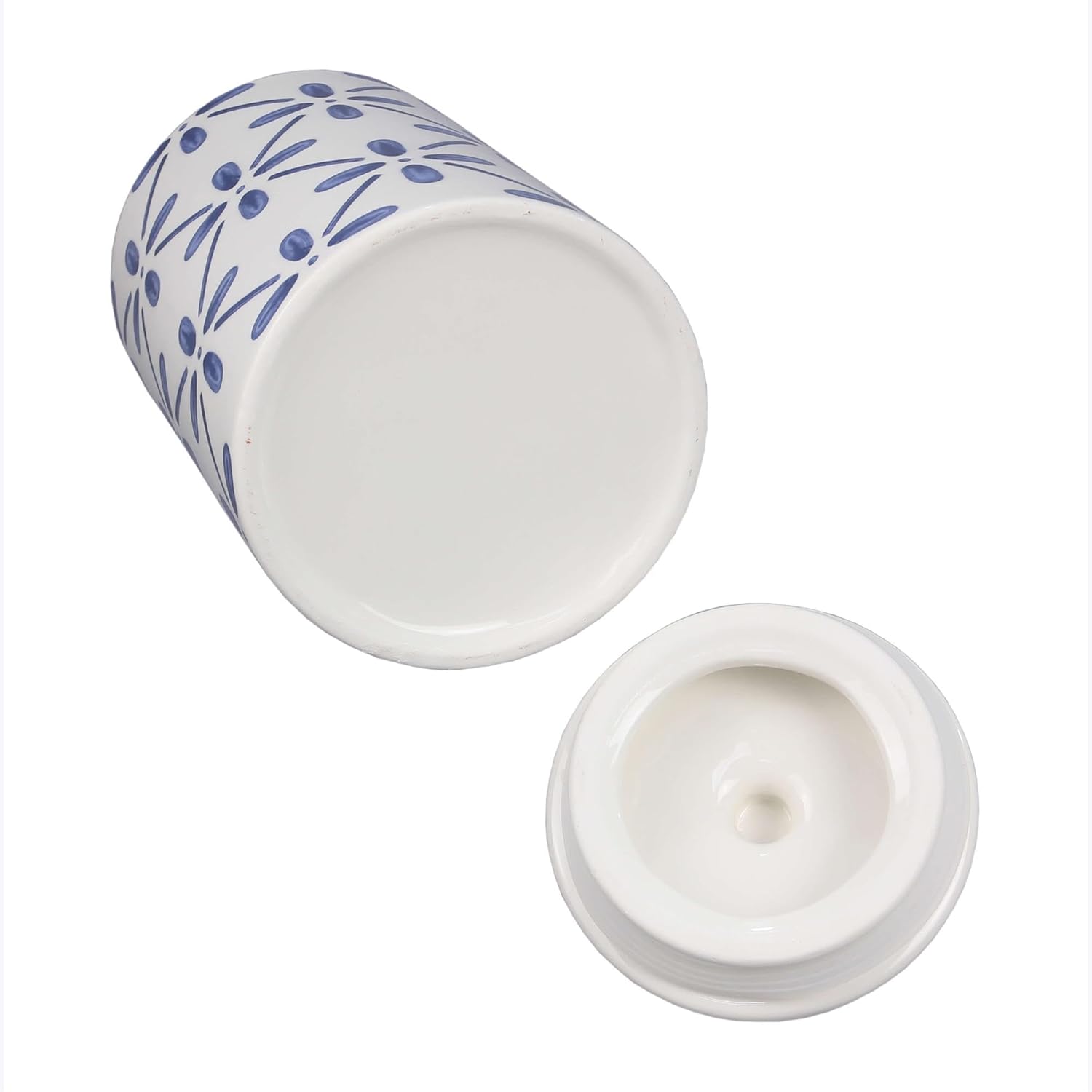 Young's Inc. 4 Pcs Set Cylindrical Ceramic Canisters- Storage Container for Kitchen and Bathroom - Beautiful Home Decor Accent to Store Food, Coffee, Tea, and More - White, Blue-VerdiqueGarden