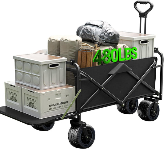 Collapsible Wagon Cart Foldable with Tailgate, 47" L 480lbs Capacity, Heavy Duty Beach Wagon with Wheels Brake, Shopping Carts for Grocery, Camping, Beach, Garden Cart-VerdiqueGarden