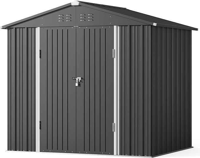 Gizoon Outdoor Storage Shed 8 x 6 FT, Galvanized Metal Garden Shed with Double Lockable Doors, Outdoor Storage Clearance for Backyard Patio Lawn-Dark Grey-VerdiqueGarden