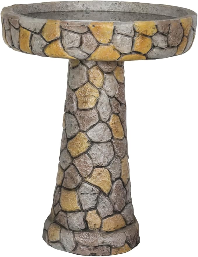 SKYFIRE Stone Like Outdoor Bird Bath - Concrete Freestanding Patio Birdbath with Pedestal for Garden, Patio, Yard, Lawn - 18.8”L X 18.8”W X 24”H Rustic Faux Stone Pedestal Outdoor Garden Birdbaths-VerdiqueGarden