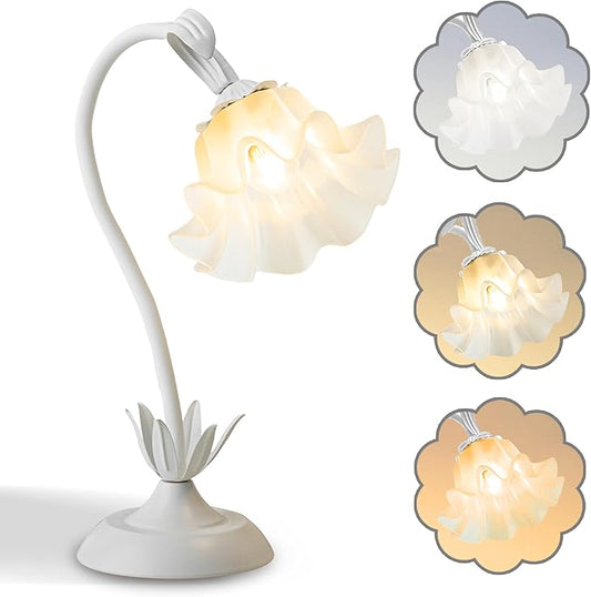 Flower Table Lamp,LED Reading Light Bedside Vintage Flower Night Light,3 Colors Modes Kawaii Bedside Lamps Decor,Living Room Bedroom Room Lighting Table Lamps Home Decoration (White)-VerdiqueGarden