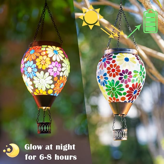 Starsoul Mosaic Flowers Hot Air Balloon Solar Lantern Glass Outdoor Hanging Hot Air Balloon Solar Flickering Flame Light Waterproof Garden Patio Yard Party Decorations-VerdiqueGarden