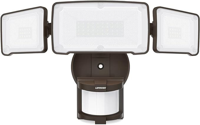 LEPOWER LED Security Light Motion Sensor Light Outdoor, 38W 4200LM Motion Security Light, 5500K, IP65 Waterproof, 3 Head Motion Detected Flood Light for Garage, Yard, Porch (Not Solar Powered, Brown)-VerdiqueGarden