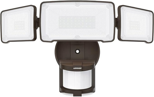 LEPOWER LED Security Light Motion Sensor Light Outdoor, 38W 4200LM Motion Security Light, 5500K, IP65 Waterproof, 3 Head Motion Detected Flood Light for Garage, Yard, Porch (Not Solar Powered, Brown)-VerdiqueGarden