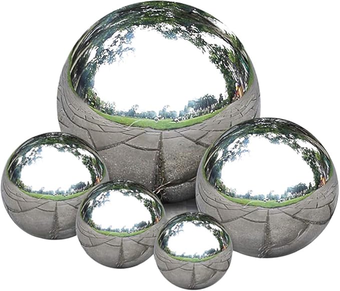 Nerien Gazing Ball, Stainless Steel Garden Mirror Globe, Polished Ornament Sphere, Hollow Floating Reflective Hemisphere, for Home Outdoor Pond Housewarming Swimming Pool Decoration, Silver, 5Pcs Mix-VerdiqueGarden