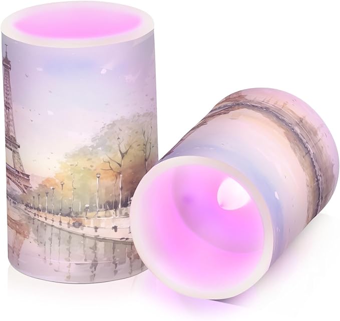 Flickering Flameless Candles, Eiffel Tower Lake LED Candles with Remote Timer, Set of 2 Battery Operated Candle for Valentine Wedding Birthday-VerdiqueGarden