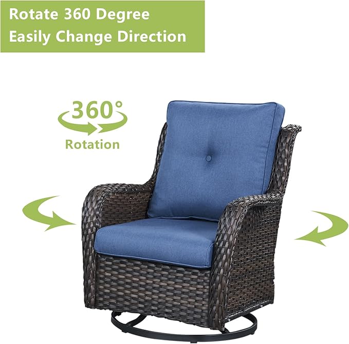 Outdoor Patio Swivel Rocker Chairs - 3 Piece Patio Bistro Set,Wicker Patio Furniture Set with 2 Swivel Rocking Chairs and 1 Glass Top Side Table for Deck Porch Garden,Brown/Blue-VerdiqueGarden