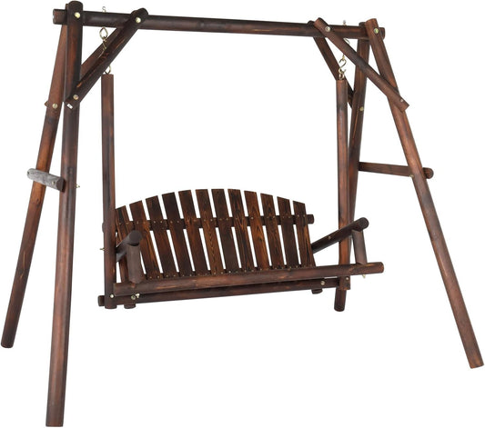 VINGLI Heavy Duty 880 LBS Wooden Patio Porch Swing with A-Frame Stand, Hanging Swing Bench Chair with Frame for Outside, Yard, Garden (Rustic Sequoia Dusk)-VerdiqueGarden