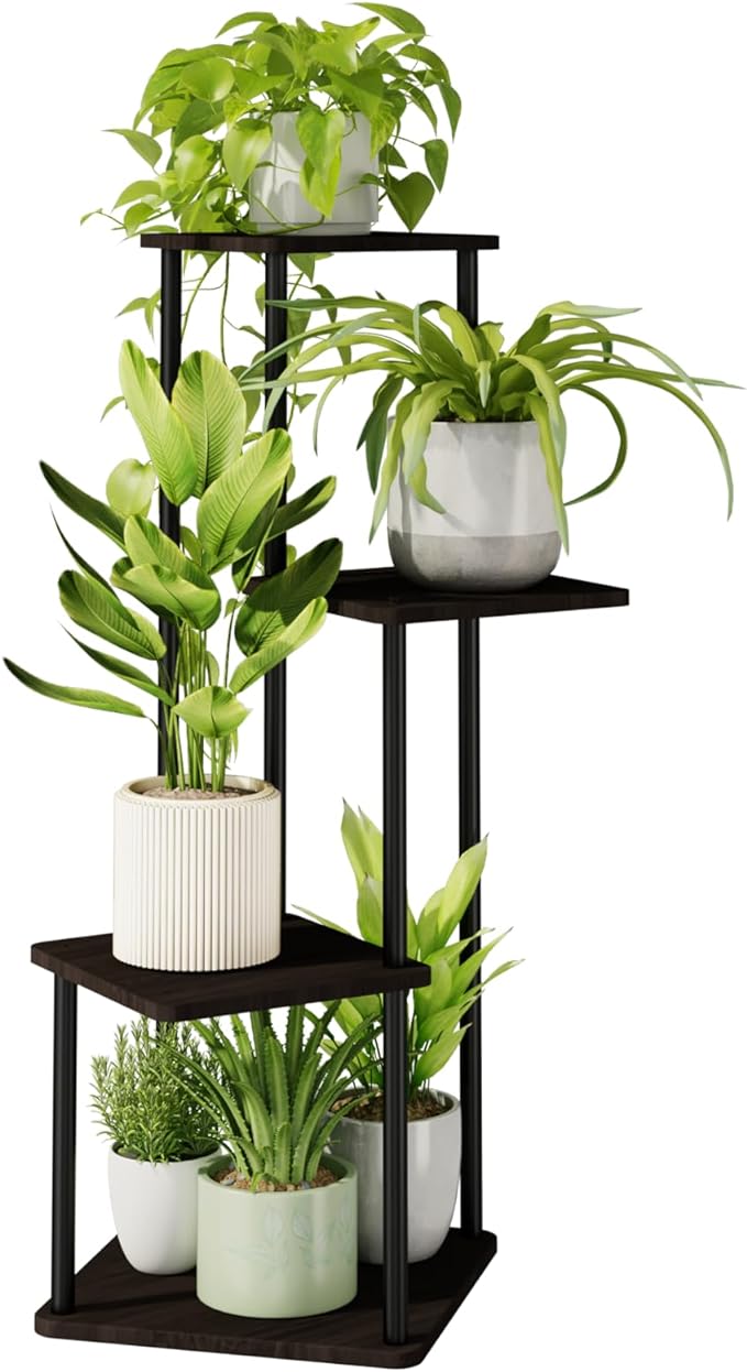 Bamworld 4 Tier Plant Stand Indoor, Small Metal Plant Shelf for Multiple Plants, Corner Flower Stand for Patio Garden Balcony Living Room Bedroom(Black)-VerdiqueGarden