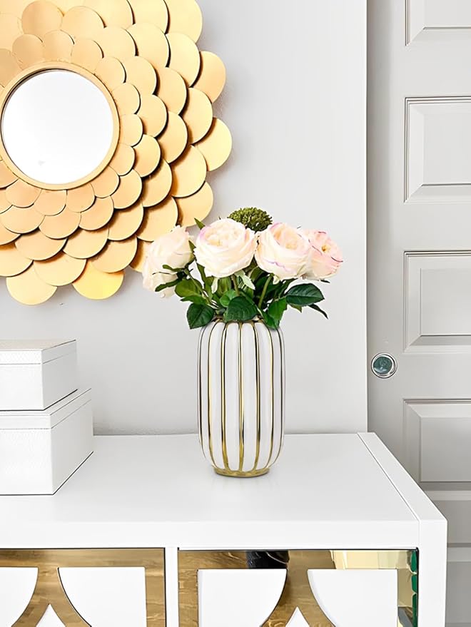Briful Gold Plated Lantern Ceramic Vase Home Decor Creative Design Porcelain Decorative Flower Vase 8.66'' White Ceramic Vases for Wedding Anniversary Decoration-VerdiqueGarden