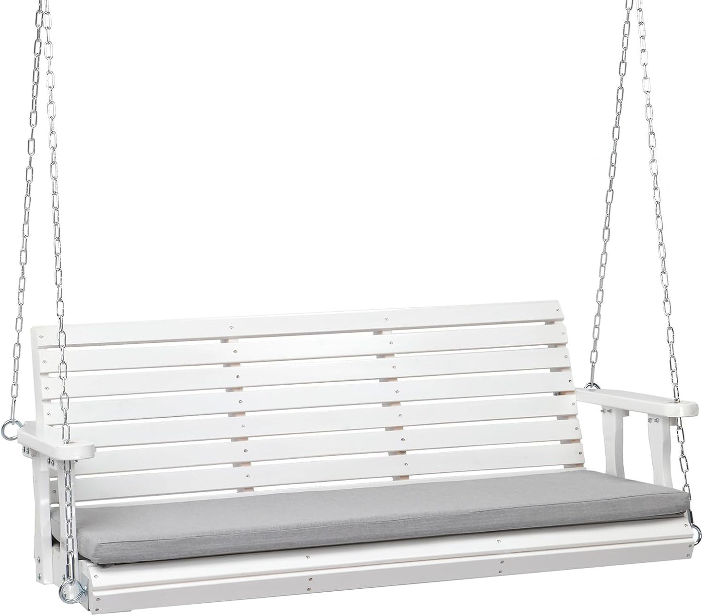 VINGLI Heavy Duty 880 LBS Patio Wooden Porch Swing Outdoor with Extra Cushion, Farmhouse Hanging Bench Tree Swing with Adjustable Chains for Yard | Garden | Lawn | Balcony (5 FT, White)-VerdiqueGarden