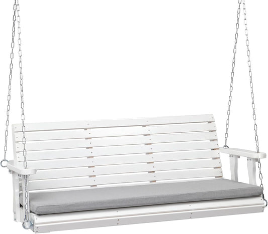 VINGLI Heavy Duty 880 LBS Patio Wooden Porch Swing Outdoor with Extra Cushion, Farmhouse Hanging Bench Tree Swing with Adjustable Chains for Yard | Garden | Lawn | Balcony (5 FT, White)-VerdiqueGarden