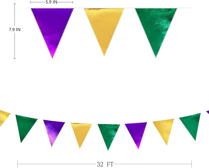 Mardi Gras Party Decorations Purple Green and Gold Metallic Fabric Triangle Pennant Banner Flag Hanging Bunting Garland for Birthday Wedding Baby Shower Bridal Shower Holiday Masquerade Party Supplies-VerdiqueGarden