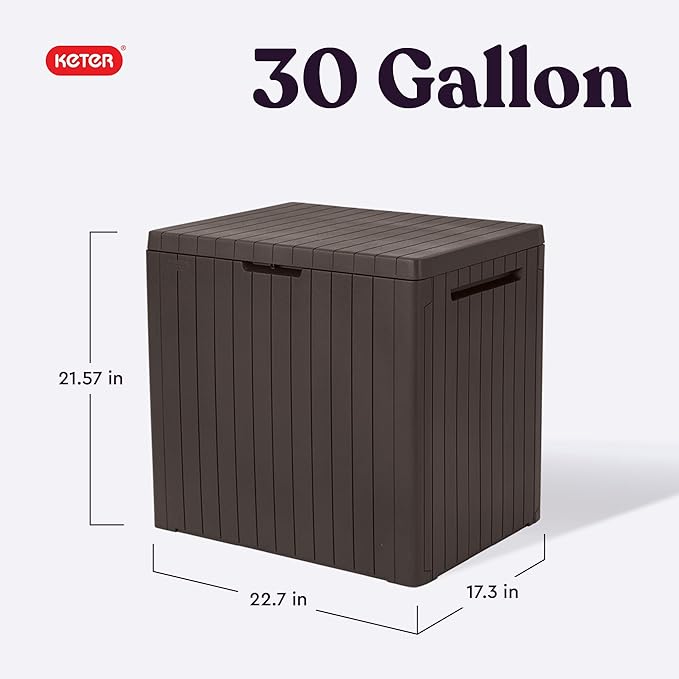 Keter City 30 Gallon Resin Outdoor Storage Box and Patio Furniture Side Table for Pool and Garden Accessories, Brown-VerdiqueGarden